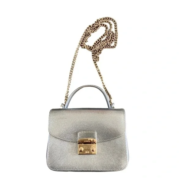 Furla Candy Meringa Mini Shoulder Bag Crossbody In Silver Shimmer Made in Italy - Picture 5 of 8